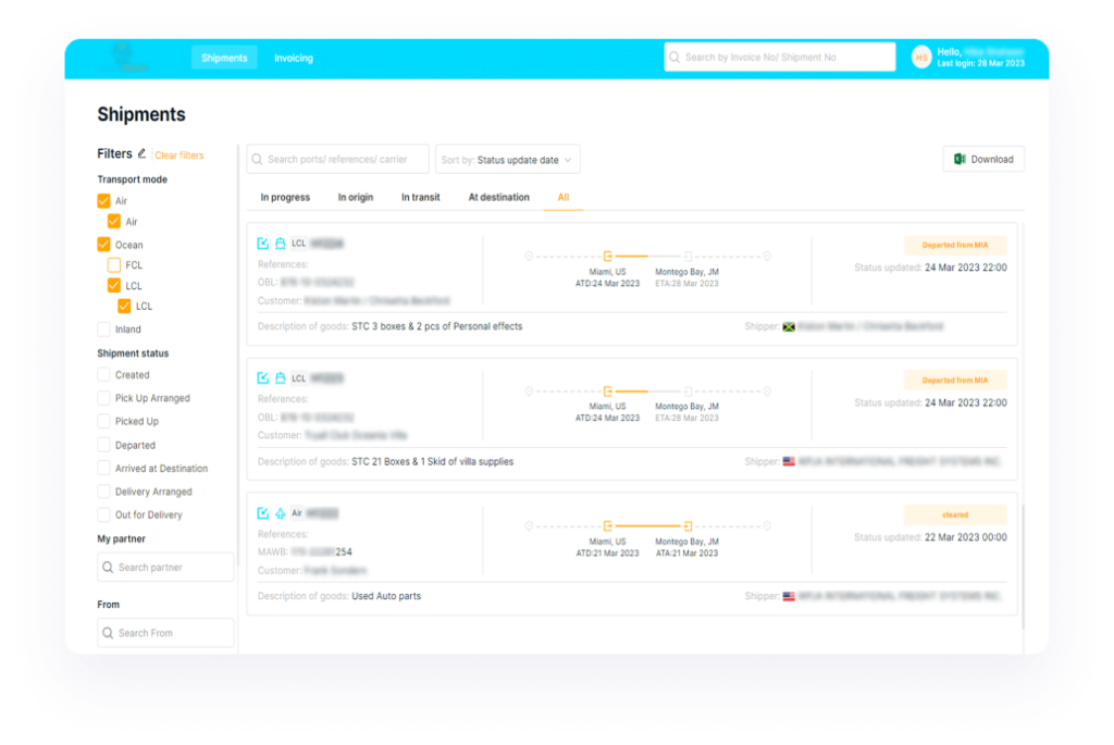 Shipment information view