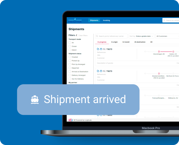 Screenshot of a Logitude World freight shipment status page.